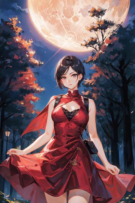 ada wong, dress, night, outdoor, moon light, looking at viewer, forest, short hair,