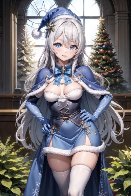 jeanne_minashigo, long hair, blue eyes, hair between eyes, white hair, medium breasts,  bare shoulders,  navel cutout, black thighhighs, (white fur trim coat:1.1), garter straps, crown, highleg leotard, (red gloves:1.2), garter belt, (white leotard:1.1),  navel, cleavage, bare shoulders, jewelry, (light blue thong:1.1), (light blue see-through dress:1.1), white lilies , white high heels, tiara, crown, feathers,  (white hand gloves:1.1), long sleeves, white thighhighs, (white shirt:1.2), (military vest:1.1), (blue skirt:1.1), chain, ribbons, crown, fur-trimmed cloak, white thighhighs, blue footwear, cape,  hair ornament, long sleeves, detached sleeves, japanese clothes, sleeveless, choker, hair flower, wide sleeves, sash, obi, floral print, white flower, white kimono,  long kimono, white socks,  bare shoulders,  frills, sleeveless, black high heels, black dress, frilled dress, crown, (white fur jacket:1.3),  navel, bare shoulders, twintails, jewelry, frills, green wings, hair flower, bracelet, white bikini, sandals, scrunchie, white flower, wrist scrunchie, highleg bikini, swimsuit, full body, braid, nail polish, twin braids,  bare legs, frilled bikini, toenail polish,  thighhighs,  hair ornament, thighhighs, bare shoulders, hair bow, boots, frills, sleeveless, white gloves, zettai ryouiki,  blue dress, blue bow, blue high heel boots,  bow, elbow gloves, white thighhighs, blue skirt, fur trim, bell, capelet, blue dress, christmas, blue santa hat, blue gloves, fur-trimmed, blue capelet, snowflake print, bowtie, star (symbol), pom pom (clothes), fur-trimmed capelet, fur-trimmed dress,  hair ornament, bow, ribbon, cleavage, bare shoulders, collarbone, frills, sleeveless,  hair flower, white dress, wrist cuffs, halterneck, white high heels, frilled dress, white flower, 