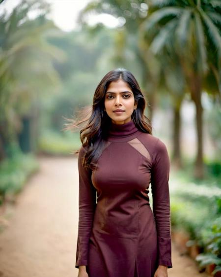 ultrarealistic portrait soft focus photo of a 30-year-old woman, malavika mohanan, outdoors, covered chest, turtleneck kurta, Establishing shot camera angle, looking looking at camera, midday time, beautiful bokeh, film grain <lora:Malavika_Mohanan_SDXL_LoRA:0.8>