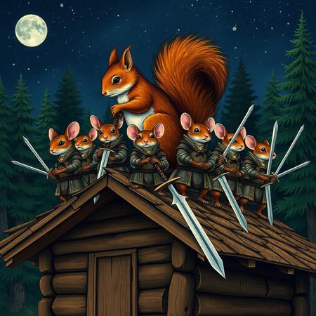 A warm summer night,  a one big squirrel is a commander of a group of  mice. All  are standing on the top of a wooden roof of a big wooden cabin in the middle of the forest. . All of them wear a medieval knight armors and hold steel swords. vivid colors, ukiyo-e  style