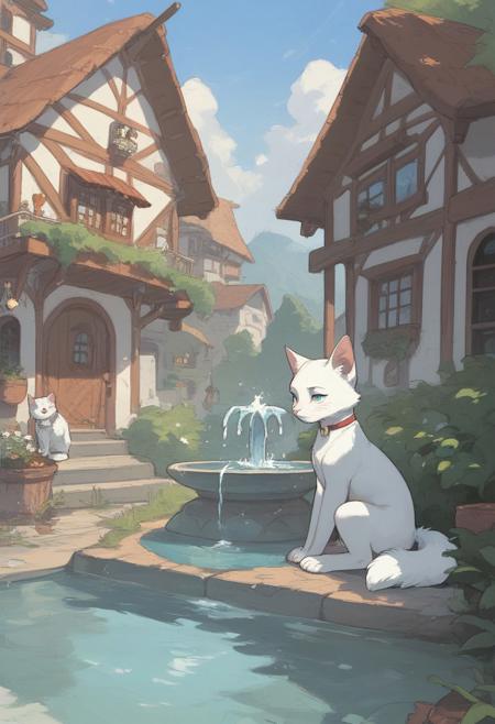 score_9, score_8_up, score_7_up, white longhair cat, fluffy cat, sitting on a stone banister in a town square in front of a fountain