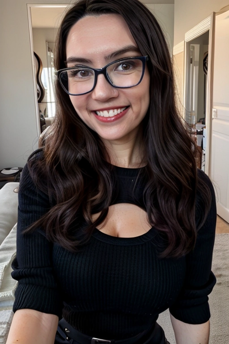 instagram photo, closeup face photo of 33 y.o Chloe in black sweater, , pale skin, (smile:0.4), hard shadows , glasses ,  busty,perfect teeth  ,hot ,maid ,selfie