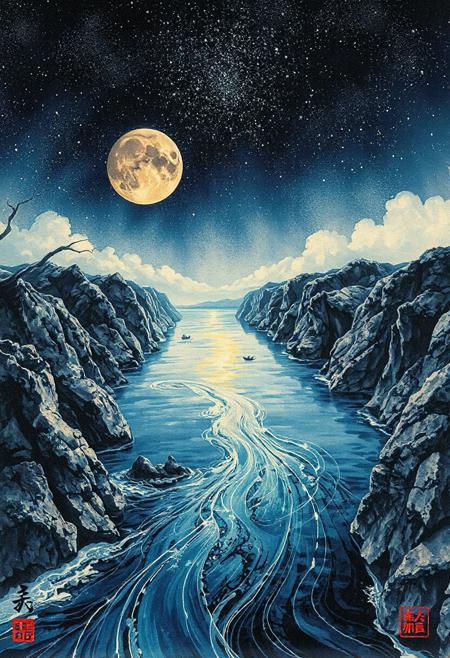The Earth flows backwards down a great river and floats on its surface.
Japanese art style, Japanese ink painting, 
best quality, sharp focus, high contrast, colorful, ultra quality, 8k, best quality,