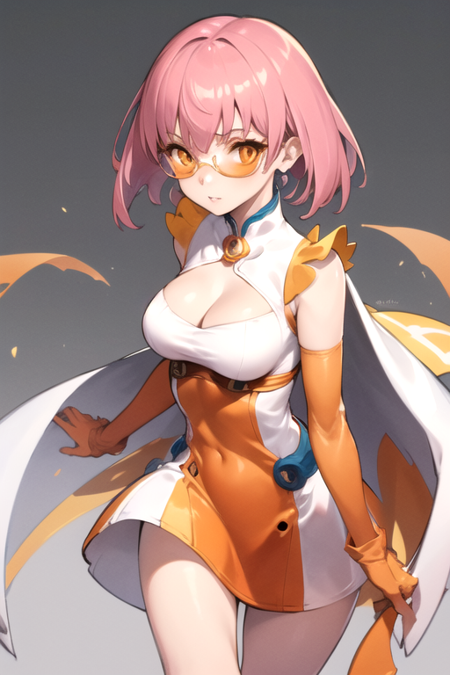 StrangeJuice, 1girl, solo, short hair, orange gloves, orange dress, cleavage, medium breasts, pink hair, sleeveless, cape, orange eyes, tinted eyewear, bare shoulders, frills, skin tight, short dress, cleavage cutout 