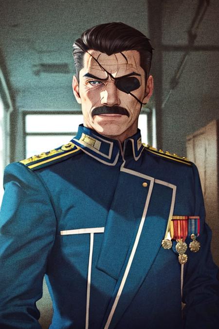 1boy, slick back hair, old,<lora:Chara_king_bradley:0.9>,king bradley, (upper body:1.3), military uniform, blue coat,(in the office:1.2), smile, black iris, eyepatch