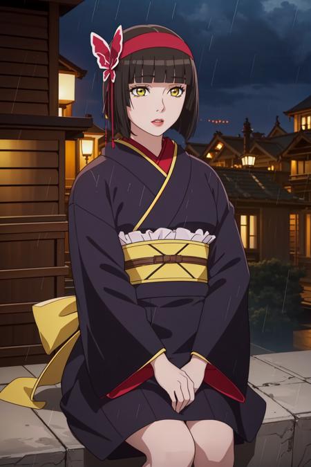 (masterpiece, top quality, best quality, official art, beautiful and aesthetic:1.2),16k, uhd, detailed face, 1girl, black hair, parted lips, japanese clothes,blunt bangs, japanese clothes, kimono,egasumi, yellow eyes, red hairband,short hair, butterfly hair ornament, <lora:MioAdvanched:0.6>, cityscape, day, sitting, realistic, rain