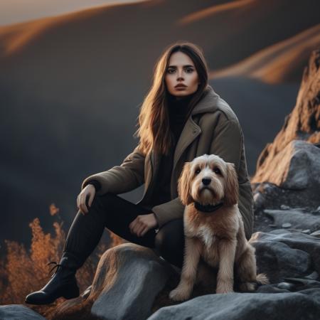 <lora:isabelamerced_xl_lora_30:1>  isabelamerced a beautiful  woman fashion half body cropped photo, Realistic 8K portrait: woman, top of hill, very cold morning rocky road, dog with breathe showing in the air; dramatic lighting, cinematic colors; hyper-above