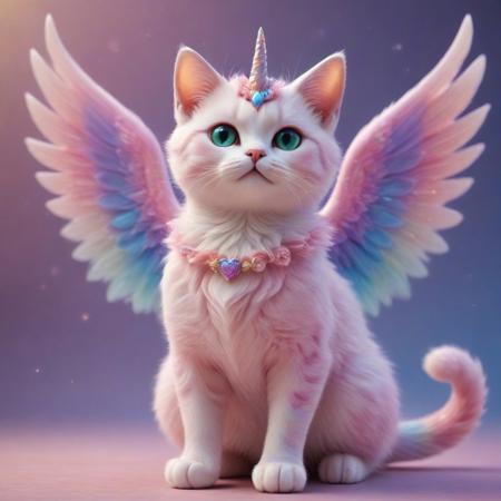 RainbowUnicornStyle, full body, pink cat made of rainbow, wearing a cute pink dress, wings on back, beautiful fantasy background, Masterpiece level quality, soft lighting, sharp focus, fine details, high quality, precise, high resolution, 4k, 8k,