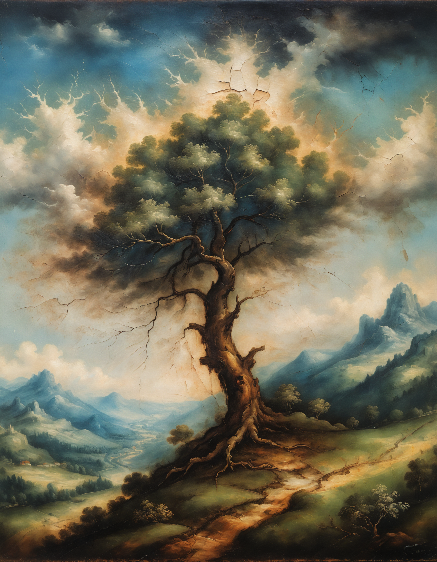 antique oil painting by leonardo da vinci, mystical tree, landscape, mountains, forest, fields, clouds, cracked paint, chroma, painterly, classic  <lora:xl_more_art-full_v1:0.8>