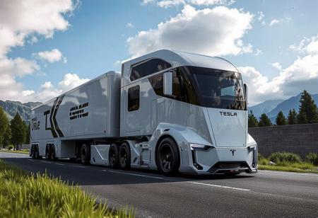 plants, trees, surrounded by trees and mountains in the background. the sky is blue with some clouds., yfg-r1gs a white tesla semi truck driving down a road with mountains in the background. the truck is surrounded by lush green grass and the sky is filled with white, with a logo on the vehicle and a cloudy sky in the background. the trailer has 8 sets of axles., yfg-r1gs a futuristic bus driving down a road with a futuristic design, surrounded by rocks and trees. the truck is part of the gmc black widow concept, with a wall in the background and a clear blue sky above., with a starry sky above.