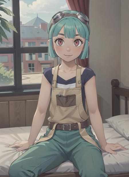 best quality, (masterpiece:1.2), illustration, absurdres,
(1girl), (solo), (beautiful detailed girl), cowboy shot,
<lora:Mint-07:0.8>, Mint, green hair, red eyes, small breasts, thin, petite, goggles on forehead, goggles on hair,black vest, (brown apron:1.2), blue sneakers, green pants,(engineer, mechanic:1.1),tool belt, tool apron,
(blush:1.2), smile, (looking at viewer),
inside bedroom, on bed, sitting, spread legs, (agura:1.1),
window, curtains,