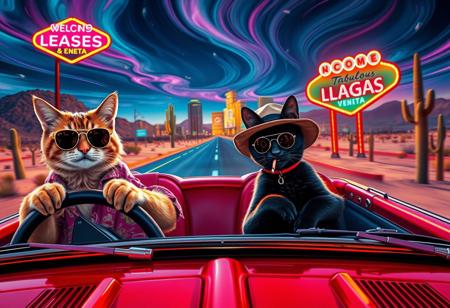 Two cats ride in a red convertible speeding down a desert highway toward a neon-lit Las Vegas skyline. The scene mirrors the iconic ‘Fear and Loathing in Las Vegas’ shot, but with feline travelers. The driver, a scruffy tabby in oversized aviator sunglasses and a Hawaiian shirt, grips the wheel with a wild expression. The passenger, a sleek black cat in a bucket hat and round tinted glasses, leans back with a smug grin, a cigarette dangling from its mouth.  Windshield visible with glowing luminescent bugs on it,
The environment is infused with psychedelic energy—distorted road signs melt into the horizon, the sky swirls with surreal colors, and cacti appear to sway and stretch. The desert landscape warps in a heatwave haze, while neon reflections shimmer in the car’s chrome details. The perspective is exaggerated and chaotic, capturing the frenetic, trippy atmosphere of the original scene in a humorous and feline twist.