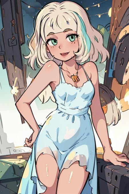 (masterpiece, best quality, high resolution:1.4), 1girl, jackie lynn thomas, blonde hair, date dress, long dress, embarrassed, blush, light smile, looking at viewer, necklace, <lora:JackieLynnThomas_v2:1>, outdoors, night