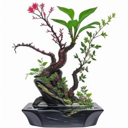 plants niji style, 
Small tree, fat trunk, sagging lower trunk, translucent bark, inside trunk filled with water, slim small sharp arcing leaves, green bark, trunk embedded in soil,
Organic cavern background,