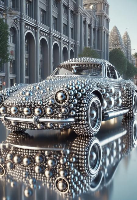 (made of Chrome Ball bearings:1.3), classic sports car, from side, run through on city Chrome Ball bearings road, cinematic, cinematic lighting, (masterpiece, best quality:1.4), ultra-high res, 4k, Photorealistic, insanely detailed, sfw,