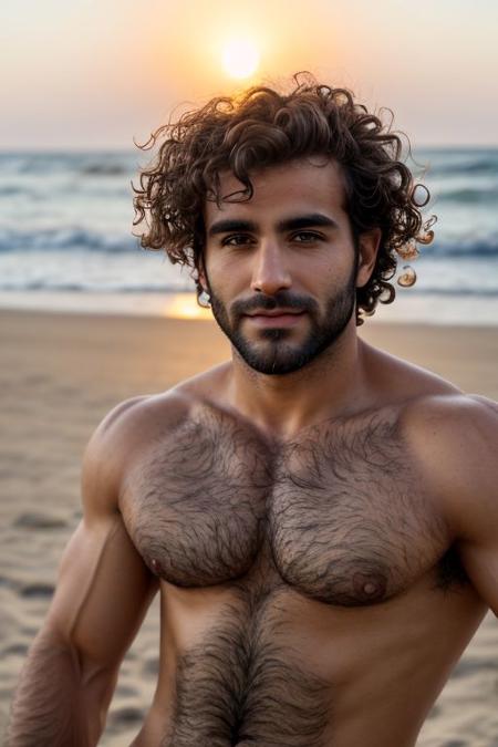 A close-up photo of a handsome hairy fit Mediterranean  man, on the beach, looking the viewer, sunrise, curly hair
