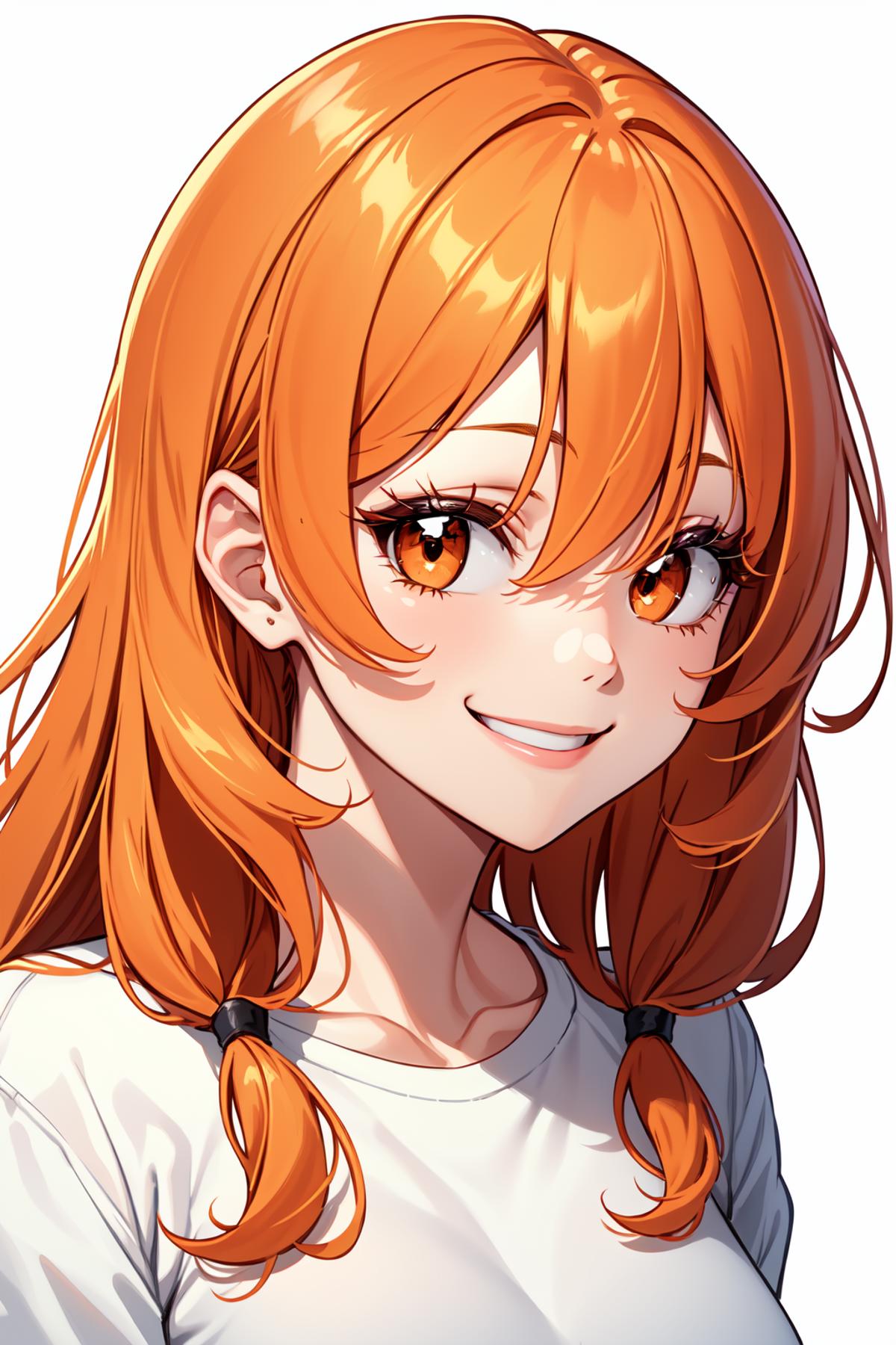 Orange Haired Anime Character with Red Eyes Smiling.