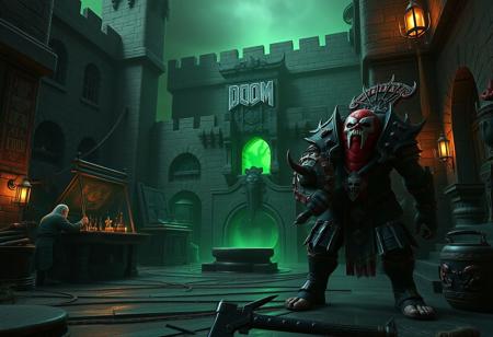 Create a highly detailed, 8K resolution image of a  in a Castle of Chaos background, inspired by the Ork theme and Black Thor character from the Doom Eternal art style. The image should be rendered in 3D using Unreal Engine 5, with a focus on photorealism and cinematic quality. The scene should feature a blacksmith, dwarves, and strong walls, with a Skull-Mark Ladybug and an Ork wielding an axe. The atmosphere should be very dark with green lighting, and the image should be composed according to the golden ratio. The final output should be of ultra-high quality, with micro details and lifelike textures, suitable for showcasing on Artstation.