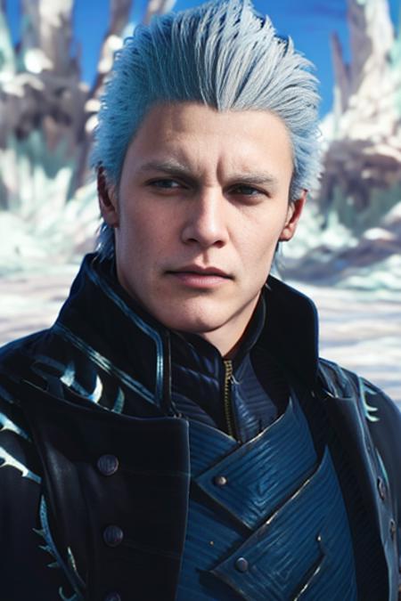 <lora:vergil:1.0>,vergil1boy,  jacket, leather, male_focus, realistic,detailed body,detailed eyes,snow, solo, white_hair, zipper,sunglasses,cowboy shot,