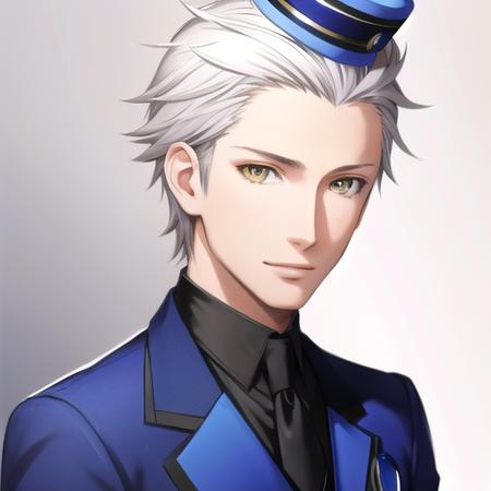 Theodore, persona, 1boy, male focus, solo, hat, white hair, gloves, formal, suit, yellow eyes, necktie, looking at viewer, book, blue suit