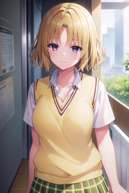 risamomioka, <lora:risa momioka darkness-lora-nochekaiser:1>,
risa momioka, short hair, blonde hair, wavy hair, (parted bangs:1.5), (purple eyes:1.1), smile,
BREAK green skirt, plaid, plaid skirt, sainan high school uniform, school uniform, skirt, sweater vest, thighhighs, (yellow sweater:1.5), short sleeves, bow, green bow,
BREAK indoors, classroom,
BREAK looking at viewer, (cowboy shot:1.5),
BREAK <lyco:GoodHands-beta2:1>, (masterpiece:1.2), best quality, high resolution, unity 8k wallpaper, (illustration:0.8), (beautiful detailed eyes:1.6), extremely detailed face, perfect lighting, extremely detailed CG, (perfect hands, perfect anatomy),