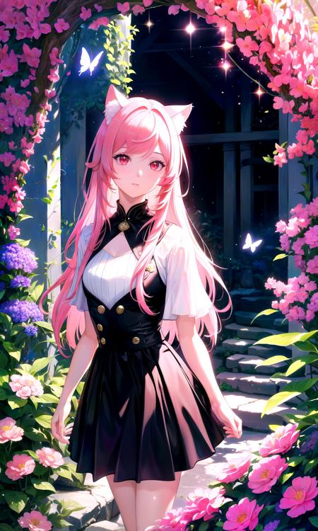 (masterpiece, best quality, highres), 1girl, solo,
BREAK
flowers, rim lighting, cave, crystals, butterfly, vegetation,
lens flare, light scatter, depth of field, lens refraction,
BREAK
red eyes, pink hair, straight hair hair, cat ears, mature female, black dress, white skirt,