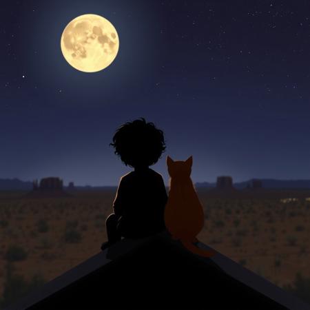 silhouette of a young boy with dark curly brown hair sitting at the peak of a roof of a house. Next to him is an orange cat with medium length fur. They are looking out over a desert landscape with subtle buttes in the distance lit by a full moon. The viewer's perspective is from below, looking up at the boy and the cat. The night sky is clear, with a very large full moon and a sky full of stars.