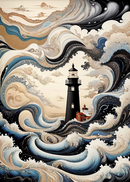 (Surrealism:0.5) xlmrblng15-1300, mature South Korean (wizard) riding a Dutch rabbit in a white-tinted rocky island, lighthouse, huge stormy waves, black filigree inlay