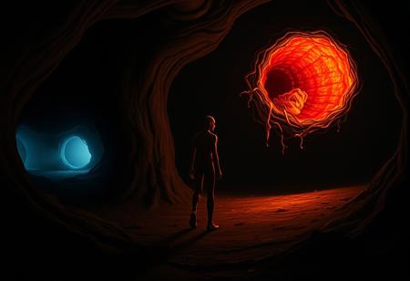 An eerie, surreal scene captured as if it were trail cam footage, depicting a strange, hairless figure stepping cautiously in front of a grotesque, inflamed conduit that seems to pulse with hunger and life. The composition blends the rich, detailed chiaroscuro of Dutch Golden Age painting with the exaggerated, stylized expressions of manga, creating an unsettling contrast between realism and the fantastical. The figure is bathed in moody shadows, with intricate, almost gothic detailing reminiscent of Harry Clarke’s haunting illustrations, while the conduit glows with a menacing, otherworldly light. The scene captures a dark, foreboding moment, filled with tension and mystery.