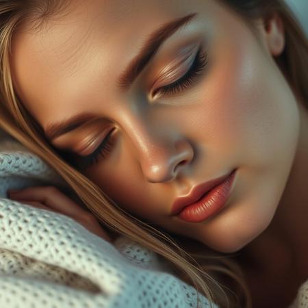 a beautiful woman, somewhat sleepy, eyes half closed, looking at viewer, close up on face