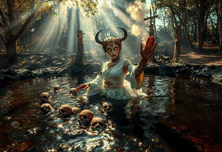It's daylight. Sunlight shoots rays through the trees around the pond of bubbling tar. In the center is a robotic geisha demon with glowing eyes halfway submerged in the tar. Small skulls are barely floating around in the thick tar and the demon is dancing seductively to lure you in. The photo is taken from the tar surface looking up, and she holds out a welcoming hand out for you, palm side up. Her face is without emotion and her eyes scream danger. Her dress is white and gold, lots of jewelry and golden chains, and her head is crowned with horns. She has henna tattoos over her arms with mysterious symbols. She's inviting you to step into the tar pit. You must resist her temptation... 
In the background, there are totems made from sticks and rope. A torch burns at the top. There's a thick layer of mist, smoke and dust in the air, possibly from a wildfire.