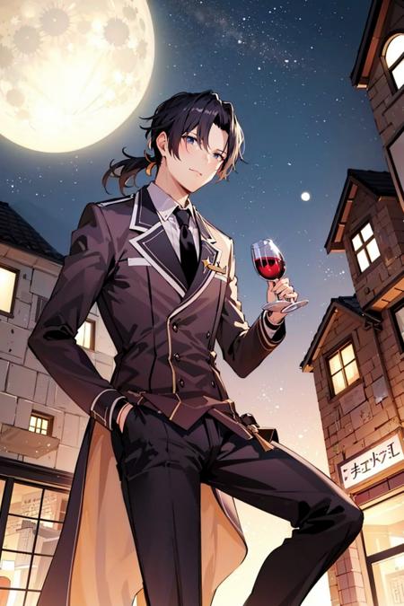 masterpiece, best quality, natural color, highly detailed,1boy,john smith,<lora:john_smith:0.6>,black hair, necktie,suit, formal,short ponytail,black_eyes
wine glass, 
street,building, moon, star \(sky\), sky, night, starry sky, clenched hand, night sky