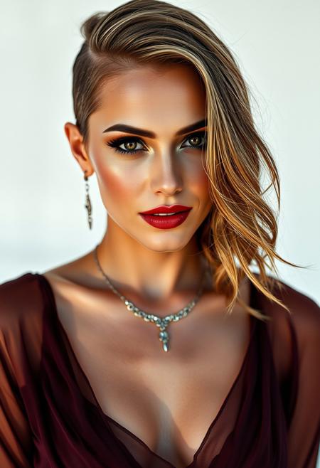 A captivating, cinematic portrait of a rebellious beauty. A 35-year-old Caucasian woman, her asymmetrical haircut - one side shaved, the other cascading in long, flowing waves - frames her alluring face. Soft, natural light illuminates her features, casting delicate shadows that accentuate her high cheekbones and sultry eyes. Her eyes, smoldering with desire, are framed by dramatic, kohl-rimmed eyeliner and long, feathery lashes. Her lips, painted a deep, seductive red, curve into a knowing smile. Her skin, flawless and radiant, is adorned with a touch of bronzer and highlighter.
She’s draped in a sheer, flowing garment that reveals glimpses of her toned physique. The garment, a rich, deep color, contrasts with the stark white background, drawing attention to her form. A delicate, yet edgy piece of jewelry, perhaps a silver choker or a long, dangling earring, adds a touch of rebellion to her sensual look.
The overall mood of the image is both alluring and intimidating, reflecting the complex nature of this enigmatic woman.