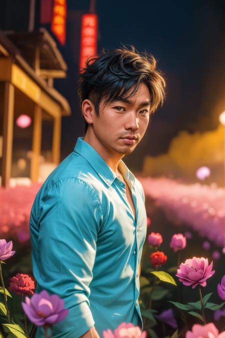 incredible portrait, asian man, field of paper flowers, evanescence, gorgeous lighting, depth of field, cinematic, artistic