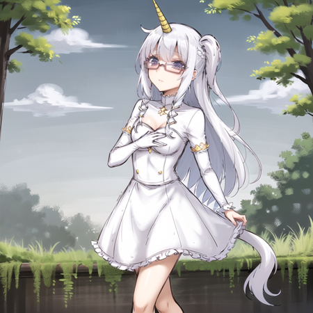 unis a drawing of an animated anime drawing of a lady in white, 1girl, solo, purple eyes, tail, dress, long hair,  unicorn horn, white hair, glasses, outdoors, nature background, unis,