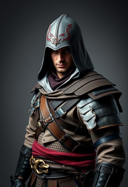 Assassin's Creed Character, samurai costume, leather armour,  masterful studio photography