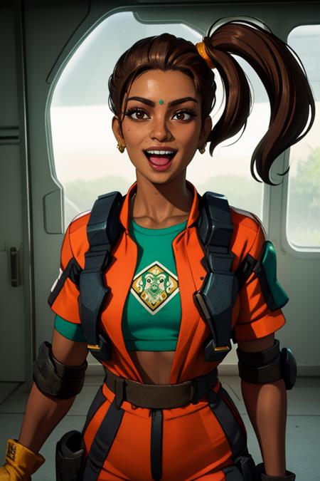 Rampart,dark skin,forehead jewel ,nose piercing, side ponytail ,brown hair, solo, standing, smiling, open mouth,  upper body, 
RampJS,jewelry,orange jumpsuit with white srtipes,knee pads , right glove, green crop top, 
tool shop, morning, grease, oil marks, (insanely detailed, beautiful detailed face, masterpiece, best quality) 
 <lora:Rampart-10v3:0.7> realistic,