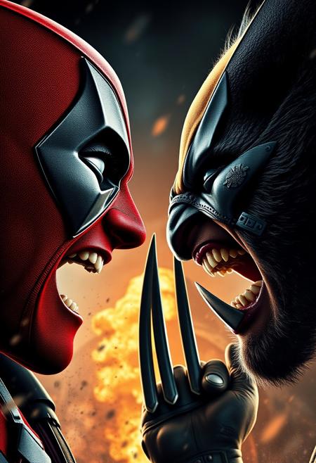 Deadpool and Wolverine screaming at each other, face closeup, chaos, apocalyptic, movie poster style, cinematic lighting