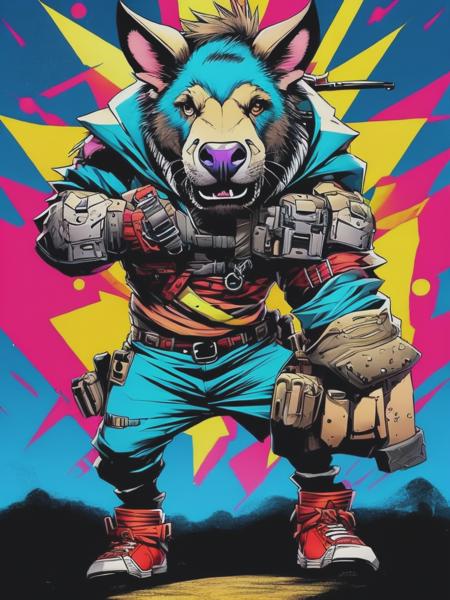 <lyco:SkottieYoung:1.0> Cool anthropomorphic Warthog, character design, Full body shot, anime style, manga art, graffiti background, comics, inking, graffiti art, graphic, masterpiece, design