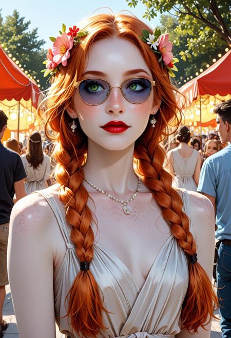 score_9, score_8_up, score_7_up, (best quality:1.1), detailed skin, beautiful, outdoors, festival setting, fields, sunshine, stage in background, 1 girl, Sandy, very long ginger hair in braids, perfect nose, little nose, 18 years old, perfecteyes, green eyes,  red lipstick, small round blue sunglasses, heavy freckles, makeup, eye shadow, thick eyelashes, eyeliner,perfect face, cute, tiny breasts , pale skin, lips slightly parted, white flowing linen dress, brackets, lots of jewellery, rings, flower garland, happy