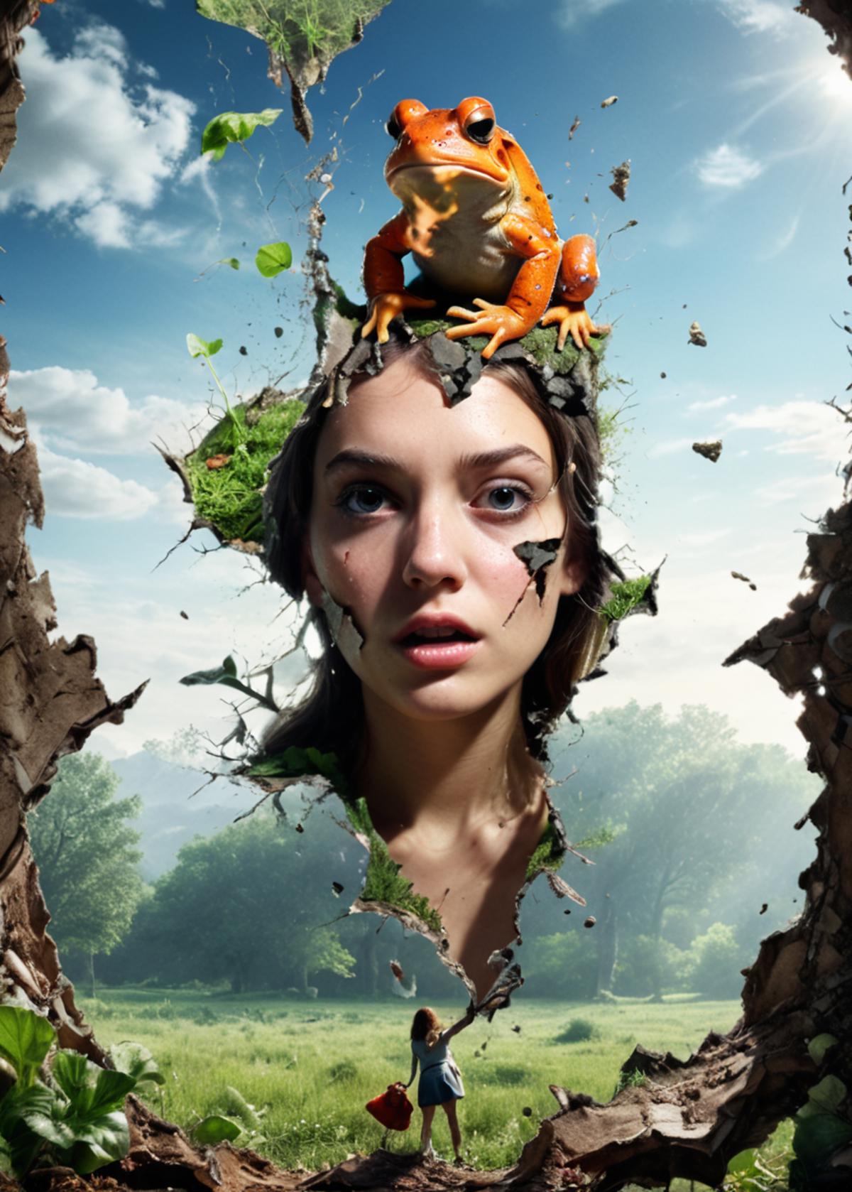A young woman with a frog on her head and a forest in the background.