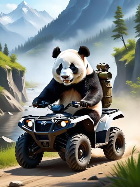 <lora:06NatureArt_Hap_XL:3.9>, Albert Bierstadt style, Vibrant and dynamic illustrations and vectors, artstation trending, 4k resolution, Masterpiece,highly detailed,  <lora:add-detail-xl:0.0001> ,<lora:hand 4:0.0001>,  A full body photo of panda, it's carrying an Uzi and riding an ATV, It looks cute and adorable yet fierce at the same time, panda, funny, highest quality, exceptional accuracy and realism,