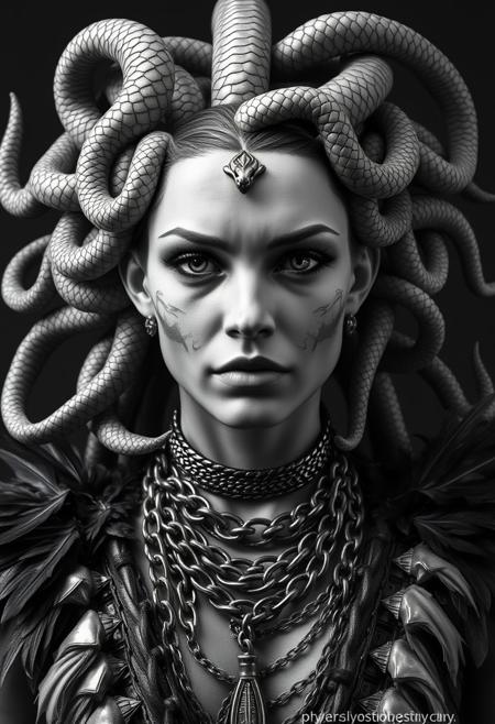 Close Up shot, front view of Medusa, beautiful, snakes in the hair, chains necklaces, feathers pauldron, hyper realistic, ultra detailed black and white Photography studio style