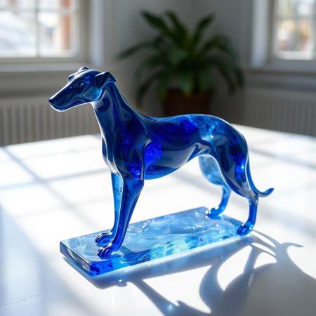 A realistic photograph of a dog sculpture made from a solid piece of sapphire. The sculpture depicts an elegant Greyhound, painted in various shades of blue that highlight the stone's luster and the play of light. The sculpture is placed in a bright white sunny room, where soft light creates beautiful reflections and shadows on the surface.