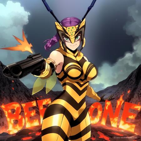 anime screencap in hellsing_ultimate_style reminiscent of hellsing ultimate depicting queenbeemon with a single purple braided ponytail with a hair ornament wearing a mask with antenna and horns and a black and yellow bodysuit with energy wings pointing a minigun at the view as she grins menacingly, with a slight shadow over face. She is standing in the center of an active volcano with the words "Bee Gone" erupting out of the lava in flaming letters.