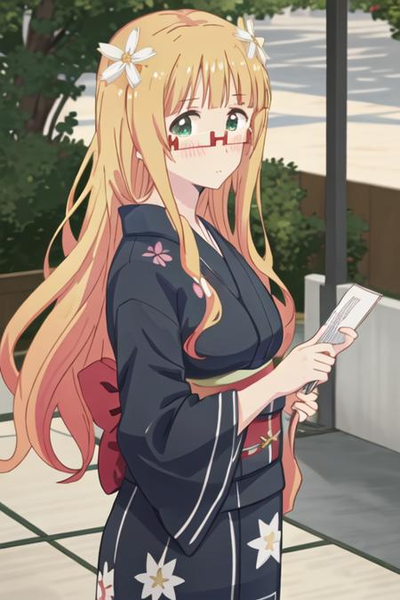 best quality, masterpiece, highres, solo, {yukata:1.40}, {kimono:1.20}, {mitsuki_sonoda_sakuratrick:1.15}, blonde_hair, glasses, flower, blush, hair_flower, hair_ornament, long_hair, green_eyes, red-framed_eyewear