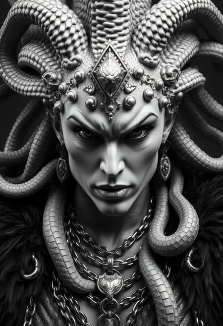Close Up shot, front view of Medusa, aggressive look, beautiful, snakes, chains necklaces, feathers pauldron, fur cape, hyper realistic, ultra detailed black and white Photography studio style