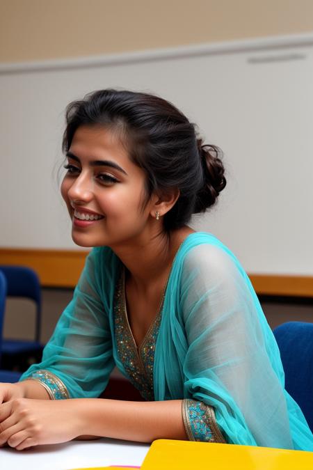 petite small person pakistani hair up woman, laughing, <lora:add_detail:0.5>, <lora:real_skin:0.5> skin, dglatte, looking at viewer
 <lora:pcm_sd15_normalcfg_8step_converted:1>, RAW photo, 8k uhd, dslr, soft lighting, high quality, film grain, Fujifilm XT3, lr, STEM Learning Room, Equipped with science kits, building blocks, and technology stations, this playroom promotes hands-on learning. Bright charts and educational posters enhance the educational environment, side view, high angle, wearing ornate,embroidered silk longsleeve pastel blue saree, candid, amateur, unposed, badly framed, closeup, selfie