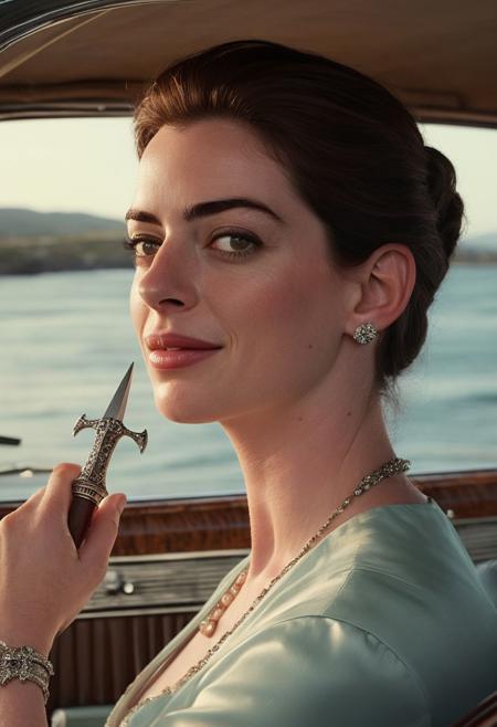 A photorealistic image of Anne Hathaway, with a serene smile on her face, gripping a jeweled dagger and plunging it into her palm. Blood trickles down her wrist, but her expression remains calm and composed. She's behind the wheel of a vintage car, driving down a scenic coastal highway with the ocean sparkling in the background. Style tags: photorealistic, 8k resolution. Additional tags: vintage car, coastal highway, serene expression, blood on hand.