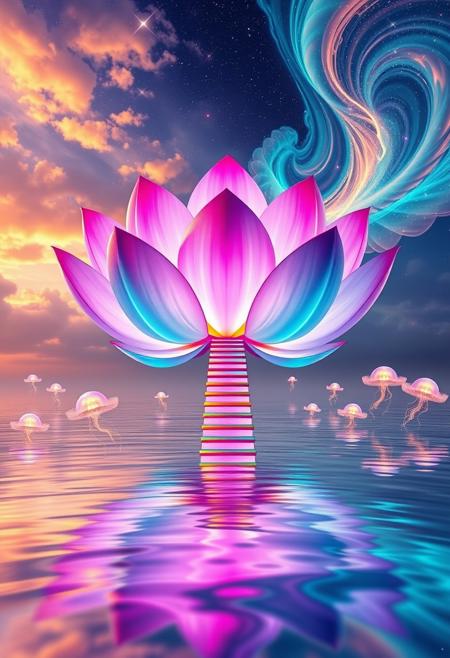 Visualize a colossal, gravity-defying lotus blossom composed of translucent, opalescent petals that refract light into a spectrum of neon hues—vivid turquoise, electric magenta, and luminescent cyan. This otherworldly flower floats above an endless, glassy ocean of liquid stardust, rippling with a hypnotic, kaleidoscopic pattern. Surrounding the lotus, dreamlike, giant floating jellyfish drift serenely, their tendrils glowing with shifting gradients of gold and violet. A sky of molten colors—fiery oranges, deep fuchsias, and intense indigos—melts into surreal, swirling clouds that echo abstract, fractal designs. Enigmatic, shimmering constellations spiral and twist through the atmosphere, merging seamlessly with the ocean's ethereal reflections. Enhance the scene with a floating, iridescent staircase leading to nowhere, spiraling into the cosmic void.
